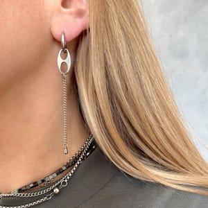 Hypoallergenic long chain soda tab silver dangle punk hoop grunge unisex earrings