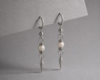 Dangle pearl spike silver hoop punk goth unisex statement earrings surgical steel