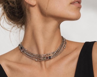 Tourmaline Layered Choker Necklace Silver Surgical Steel Gift for Her