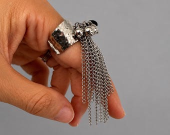 Chain Fringe Ring Avant Garde Hammered Tassel Ring Jewelry Gift Her Silver Surgical Steel