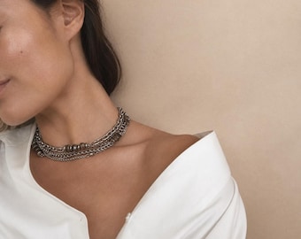 Moonstone Choker Necklace Chain Multi-Layer Silver Surgical Steel Statement Jewelry