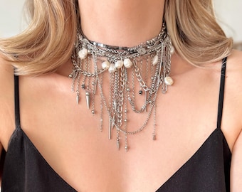 Pearl Chain Fringe Necklace Statement Silver Choker Collar Gothic Jewelry Surgical steel