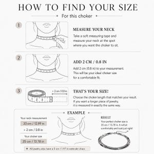 Puede incluir: Una infograf&iacute;a titulada HOW TO FIND YOUR SIZE para una gargantilla. Incluye tres pasos numerados con dibujos lineales que muestran c&oacute;mo medir el cuello con una cinta, a&ntilde;adir 2 cm para obtener la talla final y un ejemplo de c&aacute;lculo.