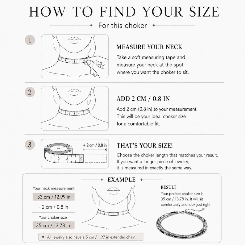 Puede incluir: Una infograf&iacute;a titulada HOW TO FIND YOUR SIZE para una gargantilla. Incluye tres pasos numerados con dibujos lineales que muestran c&oacute;mo medir el cuello con una cinta, a&ntilde;adir 2 cm para obtener la talla final y un ejemplo de c&aacute;lculo.