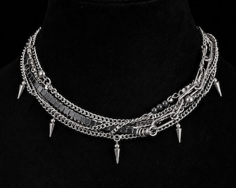 Spiked Choker Layered Chain Necklace Grunge Y2K Punk Jewelry Alternative Collar  Hematite Silver Surgical Steel