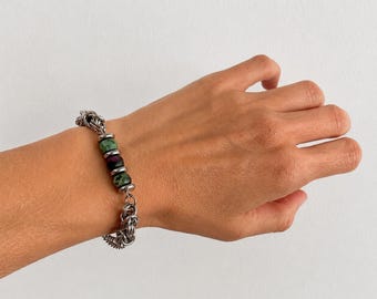 Ruby Zoisite Chain Bracelet Silver Surgical Steel Natural Green Stone Jewelry Gift for Her Her