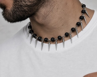 Shungite Spike Choker Necklace Men Black Bead Choker Punk Gothic Silver Surgical