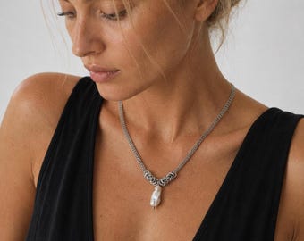 Natural Pearl Chain Necklace Baroque Pearl Jewelry Gift for Her Him Silver Surgical Steel