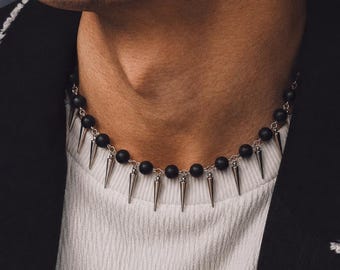 Shungite Spike Choker Necklace Men Matte Black Stone Punk Choker Gothic Gift for Him Silver Surgical steel