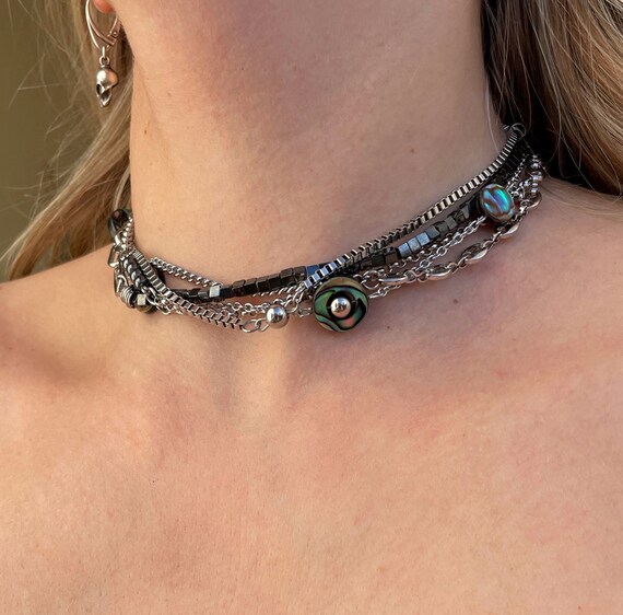 Multistrand Abalone Necklace Choker Hematite & Surgical Steel