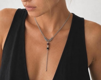 Tourmaline Lariat Chain Necklace Long Pendant Necklace Chainmail Gemstone Chain Jewelry Gift for Her Silver Surgical Steel