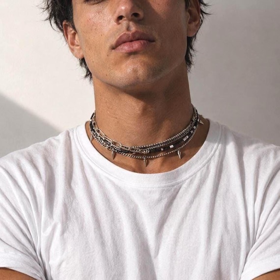 Spike Layered Choker Necklace Multi Chain Punk Gothic Men Necklace Hematite Silver Surgical Steel