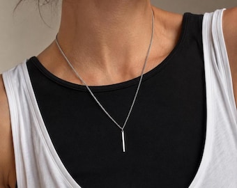 Minimal Bar Pendant Necklace Chain Unisex Simple Silver Everyday Giftl Stainless Steel
