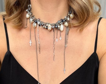 Dramatic necklace black pearl white choker grunge set