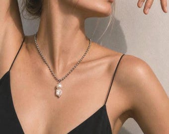 Pearl Chain Necklace Natural Baroque Pearl Pendant Silver Surgical Steel Gift for Her Him