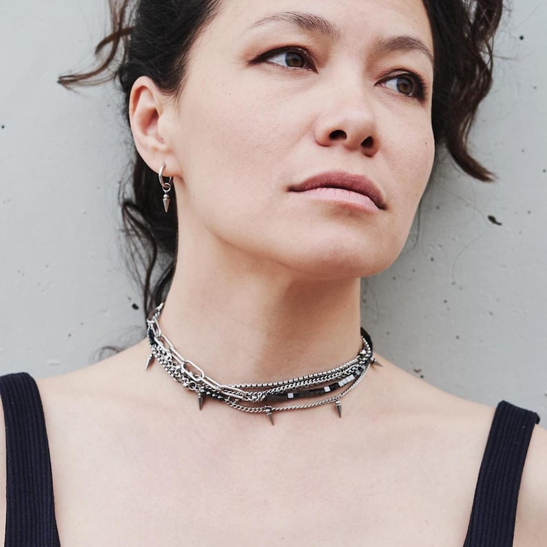Punk necklace Grunge choker Layered necklace set Surgical steel Hematite Necklace Grunge necklace Alternative necklace Dramatic necklace