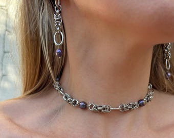 Gothic style necklace short black pearl chainmail choker silver chain
