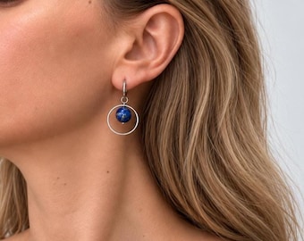 Lapis Lazuli Earrings Ring Dangle Hoops Blue Gemstone Silver Surgical Steel