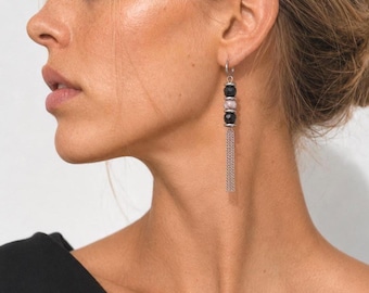 Tourmaline Tassel Drop Earrings Long Chain Gemstone Gift for Her Women Natural Stone Silver Surgical Steel