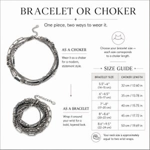 Puede incluir: Un accesorio de cadena de color gris plomo de varias hebras que funciona como gargantilla o pulsera en capas. La imagen incluye una gu&iacute;a de tallas con medidas en cent&iacute;metros y pulgadas, mostrando opciones de 14 a 24 cm para la pulsera.