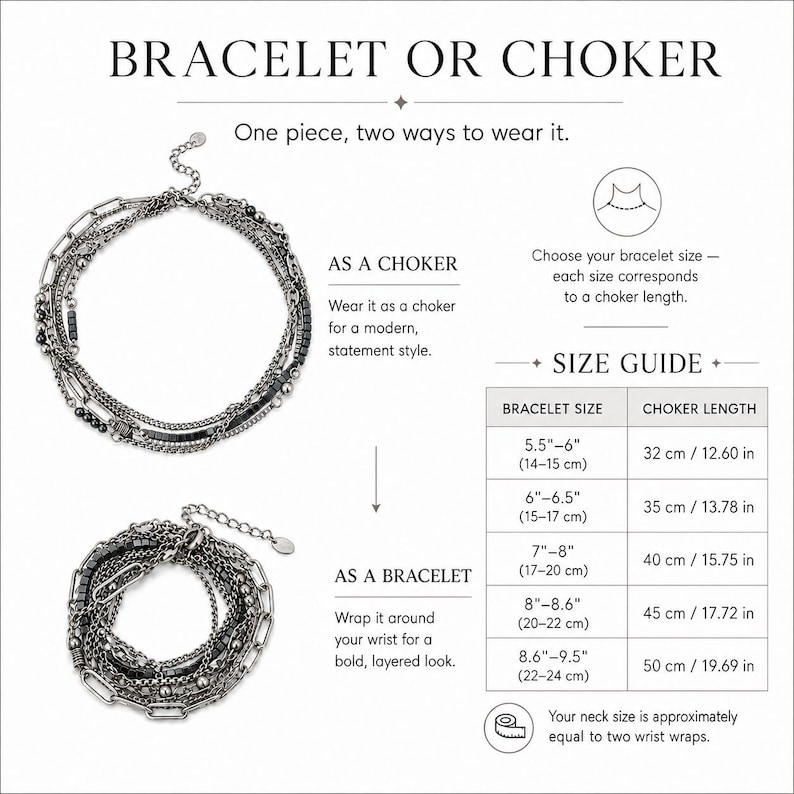 Puede incluir: Un accesorio de cadena de color gris plomo de varias hebras que funciona como gargantilla o pulsera en capas. La imagen incluye una gu&iacute;a de tallas con medidas en cent&iacute;metros y pulgadas, mostrando opciones de 14 a 24 cm para la pulsera.