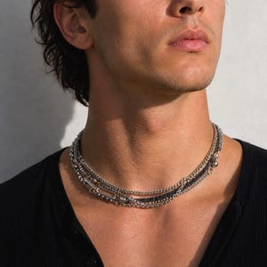 Collana girocollo da uomo a strati con catena in argento e ematite in acciaio inossidabile