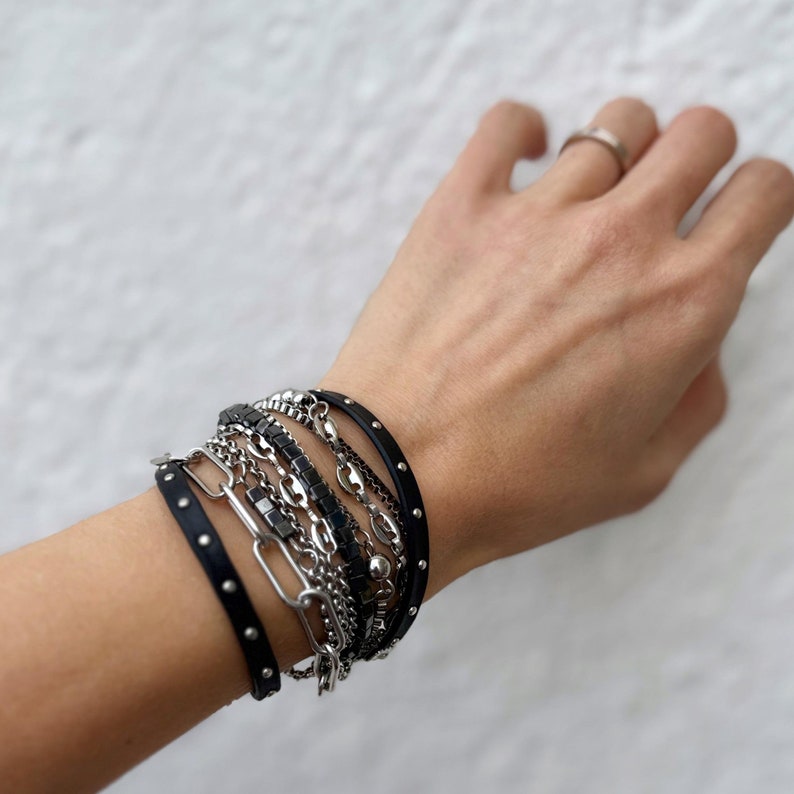 Leather bracelet Punk bracelet Grunge choker Layered necklace set Surgical steel Grunge necklace Alternative necklace Leather choker