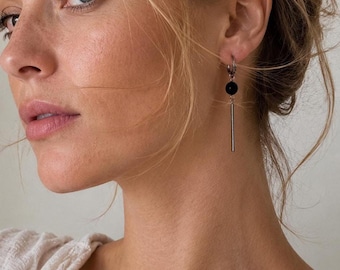 Bar Hoop Earrings Silver Surgical Steel Black Shungite