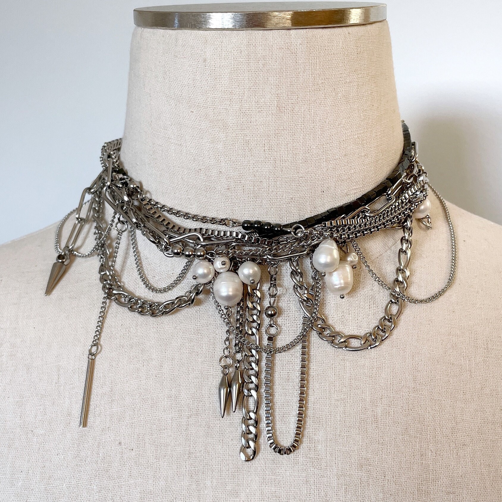 Grunge Layered Necklace Stainless Steel Hematite & Pearl