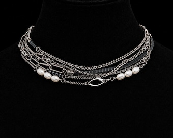 Pearl Choker Collar Layered Grunge Chain Necklace Y2K Jewelry Hematite Surgical steel