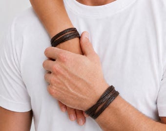 Thin Brown Leather Wrap Bracelet Slim CuffGenuine Leather Adjustable Stacking Men's Jewelry Gift