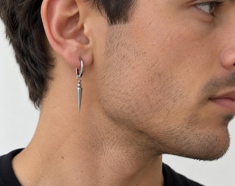 Spike Hoop Earrings Gothic Dangle Huggies Punk Grunge Drop Silver Stainless Steel