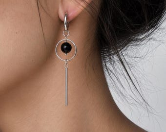 Shungite Hoop Earrings Gothic Black Stone Circle Bar Drop | Silver Surgical Steel