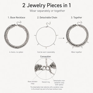 Puede incluir: Un conjunto de collares plateados con una cadena base de cuatro hilos y una cadena desmontable con p&uacute;as. El texto incluye 2 Jewelry Pieces in 1, Wear separately or together, Base Necklace, Detachable Chain, Together y Connection.