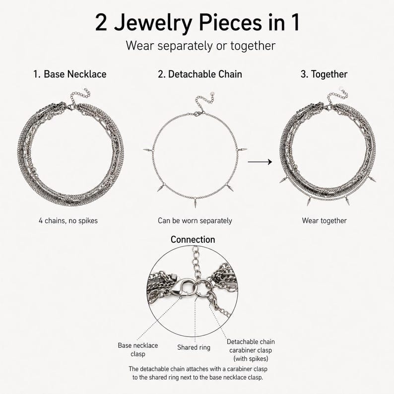 Puede incluir: Un conjunto de collares plateados con una cadena base de cuatro hilos y una cadena desmontable con p&uacute;as. El texto incluye 2 Jewelry Pieces in 1, Wear separately or together, Base Necklace, Detachable Chain, Together y Connection.