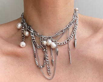 Pearl Choker Layered Necklace Stainless Steel Grunge style