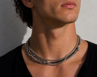 Layered Silver Chain Choker Necklace Men with Hematite Stainless Steel