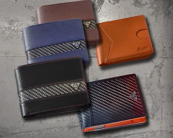 Full Grain Leather Bifold Wallet, Carbon Fiber RFID Blocking, 8 Card Slots