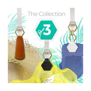 Collection of 3 - White, Black & Leather Magnetic Hat Clips for Travel Secure to your bag purse or luggage to carry your hats safely