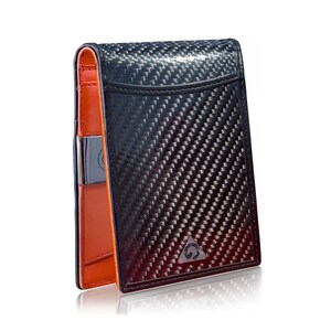 Cartera de fibra de carbono 100 % auténtica para hombre con forro de piel auténtica, clip para billetes, cierre plegable y bloqueo RFID, ventana para DNI y tarjetero para 8 tarjetas.