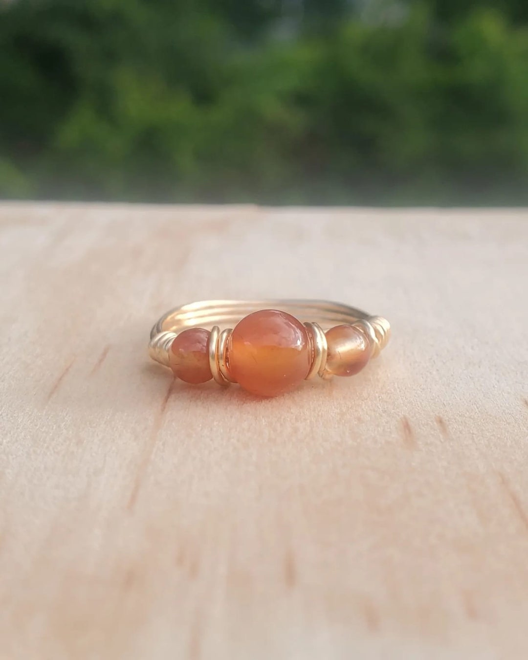 Amber and Gold Tri Bead Wire Ring Etsy