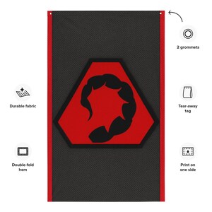 May include: A black and red banner featuring a red scorpion design within a red and black hexagon. The banner has a double-fold hem and is made of durable fabric. It has two grommets for hanging and a tear-away tag. The design is printed on one side.