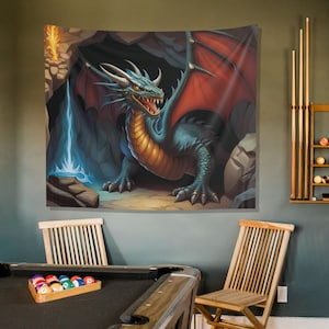 Dragon&#39;s Lair Tapestry - Dungeons and Dragons Inspired Decor - Backdrop Tapestry - Game Room Decor V5