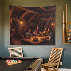 Adventurer&#39;s Haven Tavern Tapestry - Dungeons and Dragons Inspired Decor - Backdrop Tapestry - Game Room Decor V1