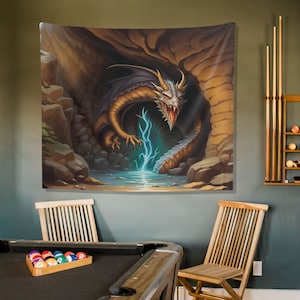 Dragon&#39;s Lair Tapestry - Dungeons and Dragons Inspired Decor - Backdrop Tapestry - Game Room Decor V3