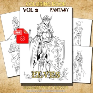 Pode incluir: Um livro de colorir em preto e branco intitulado "Coloring Book Vol 2 Fantasy Elves". A capa apresenta uma ilustração detalhada de um guerreiro elfo com espada e escudo. Ilustrações adicionais de elfos são visíveis.