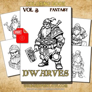 May include: A black and white coloring book titled "Coloring Book Vol 3 Fantasy Dwarves" with illustrations of dwarves. A red PDF download icon is visible. The Etsy shop URL is at the bottom.