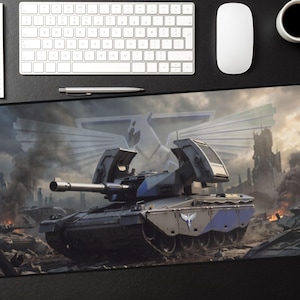 May include: A large rectangular mousepad featuring a futuristic tank in a war-torn landscape. The tank is primarily dark gray and blue, with a long barrel and open hatches. The background shows a destroyed city and a stylized emblem.