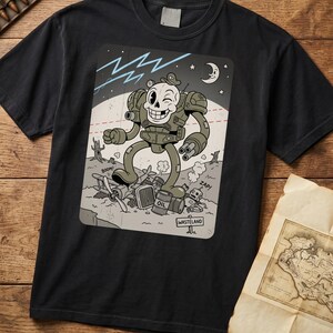 Camiseta de guerrero mecánico postapocalíptico | Camiseta retro con gráfico de robot calavera de dibujos animados | Regalo divertido del páramo para jugadores de wargames de ciencia ficción