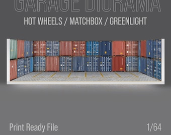 May include: A 1/64 scale model garage diorama with a wall of stacked shipping containers. The containers are red, blue, and gray. The diorama is designed for Hot Wheels, Matchbox, and Greenlight toy cars. Print Ready File.